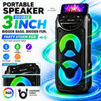 Altavoz inalámbrico portátil para fiestas con altavoces duales de 3 pulgadas, bajos profundos potentes, radio FM, luces ambientales LED y micrófono incorporado, altavoz de exterior de alto volumen para fiestas de verano, barbacoas en el jardín, camping, v