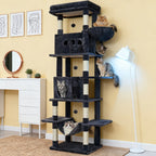 Árbol para Gatos de Interior, Torre Alta de 210 cm con Múltiples Niveles, Casa para Gatos, 8 Postes Rascadores, Hamaca y 4 Pompones