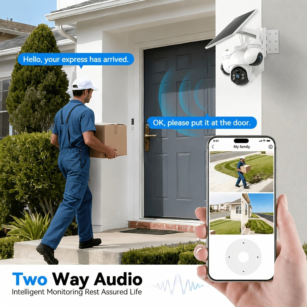 Cámara de seguridad solar solar exterior de 8MP con triple lente y triple vista 4G, videovigilancia, rotación panorámica-inclinable PTZ 360°, seguimiento de movimiento, detección humana PIR, audio bidireccional, visión nocturna a todo color, notificacione