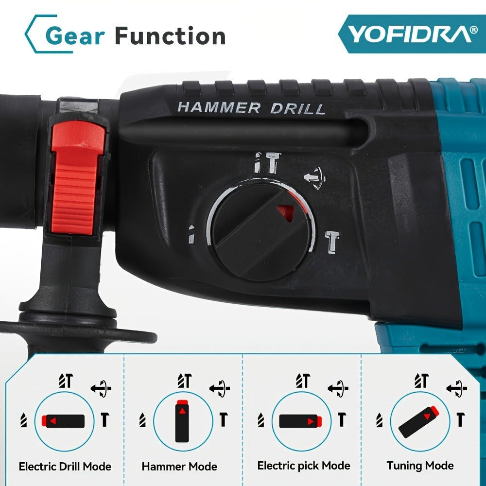 Juego de taladro percutor sin escobillas de 26 mm con broca, taladro rotativo de demolición a percusión inalámbrico de 4 velocidades para perforar hormigón, ladrillo y madera, compatible con baterías YOFIDRA