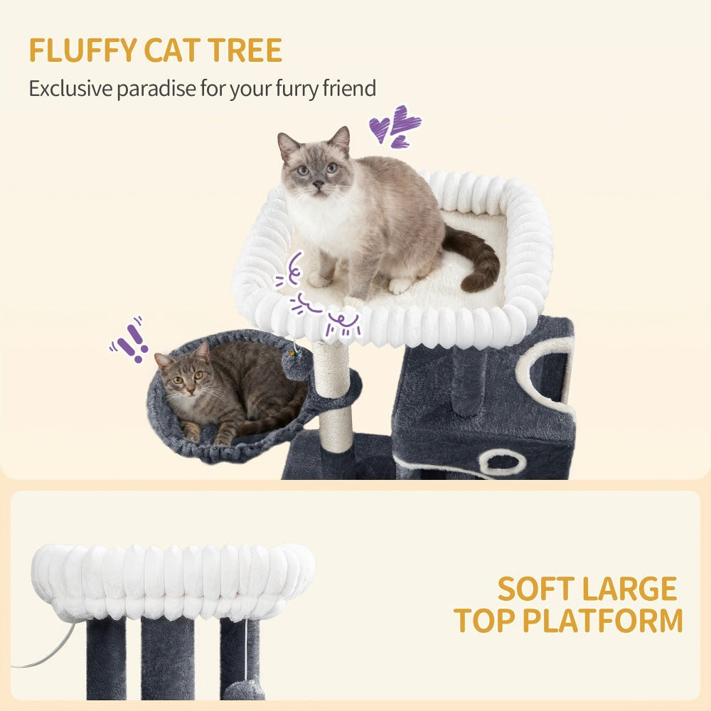 Un árbol para gatos compacto que mide 98 cm, con un diseño amplio y resistente, una gran plataforma suave, una pelota de felpa, una cueva acogedora, un rascador y una tabla rascadora