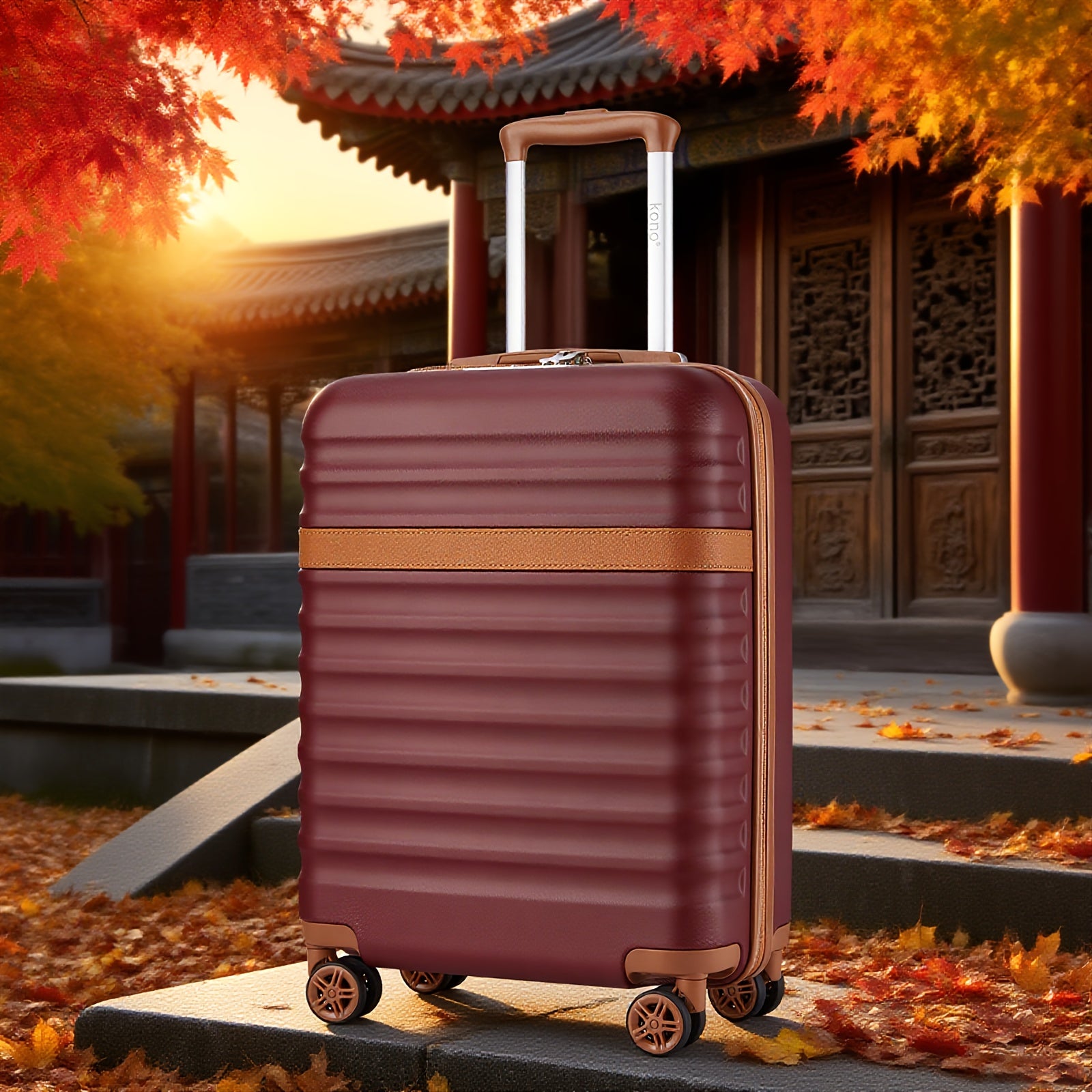 Maleta KONO Disponible en Tamaños de 20 Pulgadas, 24 Pulgadas y 28 Pulgadas, Fabricada con una Mezcla de ABS y Policarbonato. Este Trolley de Carro Rígido Está Equipado con Cuatro Ruedas y un Cerradura TSA, lo que lo Hace Ideal para Uso en la Cabina y Via