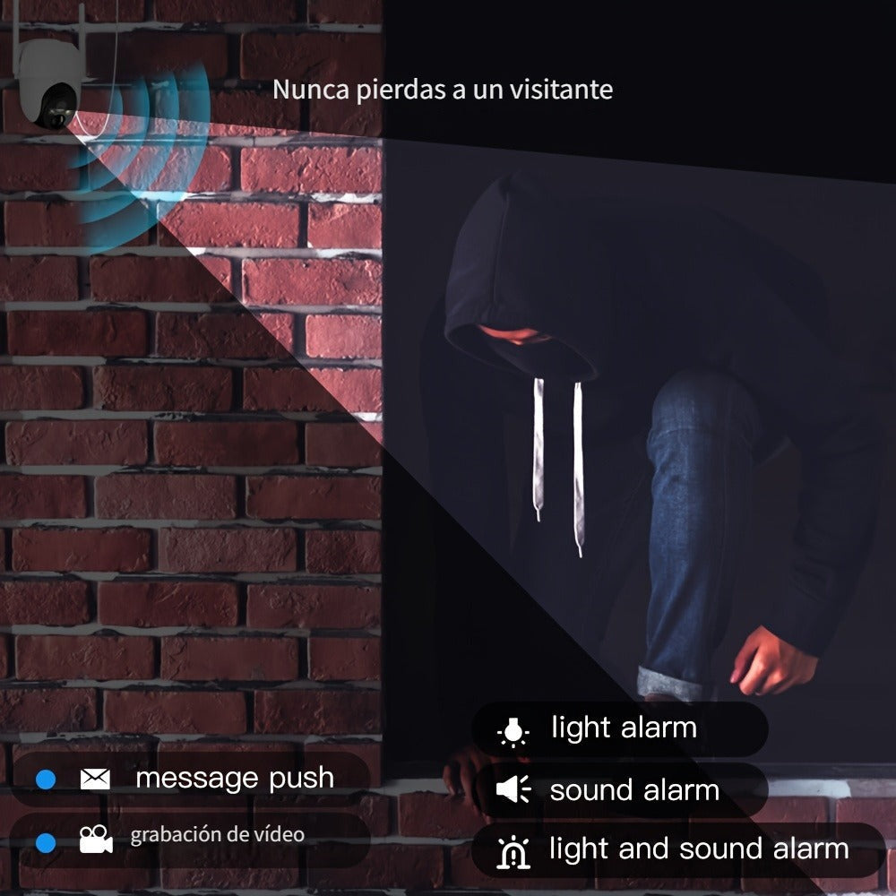 Cámara de seguridad exterior Arenti de 3MP con energía solar, PTZ 360° Pan-Tilt-Zoom, visión nocturna a color, sensor de movimiento PIR, audio bidireccional, foco y alarma de sirena, alta calidad, WiFi inalámbrico, alimentada por batería y USB, grabación