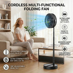 Ventilador de pedestal portátil plegable 2 en 1, recargable por USB-C con control remoto, 4 velocidades, oscilación de 70°, temporizador, inclinación ajustable, para hogar, dormitorio, oficina, viajes