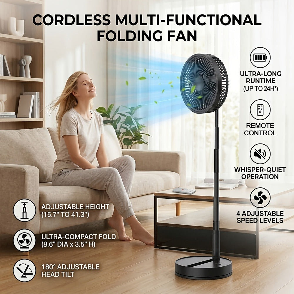 Ventilador de pedestal portátil plegable 2 en 1, recargable por USB-C con control remoto, 4 velocidades, oscilación de 70°, temporizador, inclinación ajustable, para hogar, dormitorio, oficina, viajes