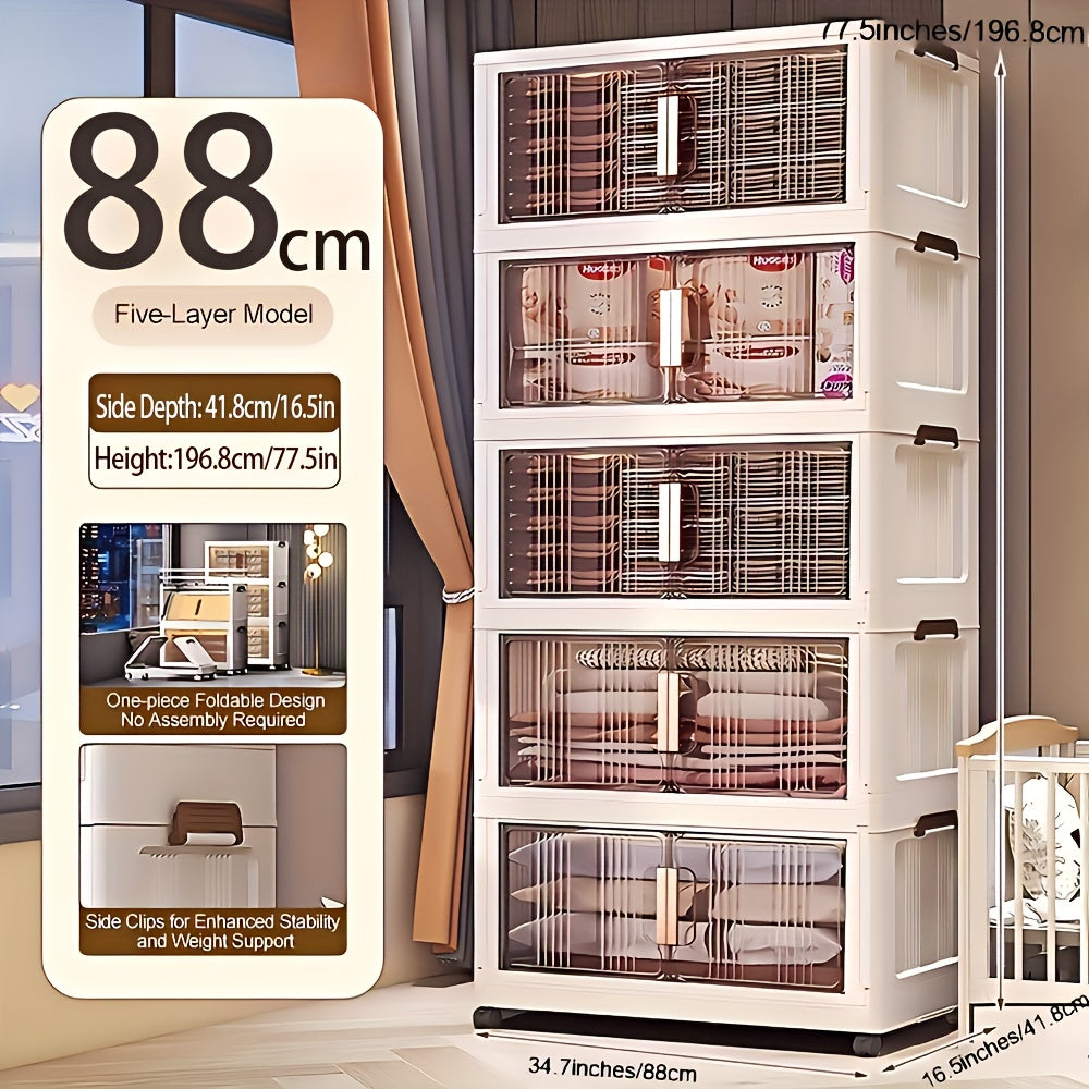 88Cm Arcenes de Almacenamiento Plegables Extra Grandes de 1/3/4/5 Niveles con Tapas, Contenedores de Plástico Apilables con Ruedas, Organizador Plegable para Armario, Dormitorio, Oficina, Cocina y Más - Casilleros de Almacenamiento Plegables y Decoración
