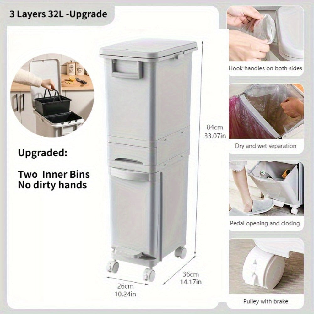Cubo de basura estrecho de cocina de 32L con tapa, clasificación selectiva con división o dos contenedores interiores, pedal para separación de residuos secos y húmedos, contenedor de plástico para ahorrar espacio para cocina y baño