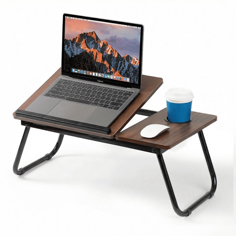 Mesa plegable para cama y sofá con altura ajustable de 5 niveles, bandeja con superficie ajustable y portavasos, mesa pequeña multifunción para ordenador, libros, trabajo y estudio en casa (56x32x25cm)