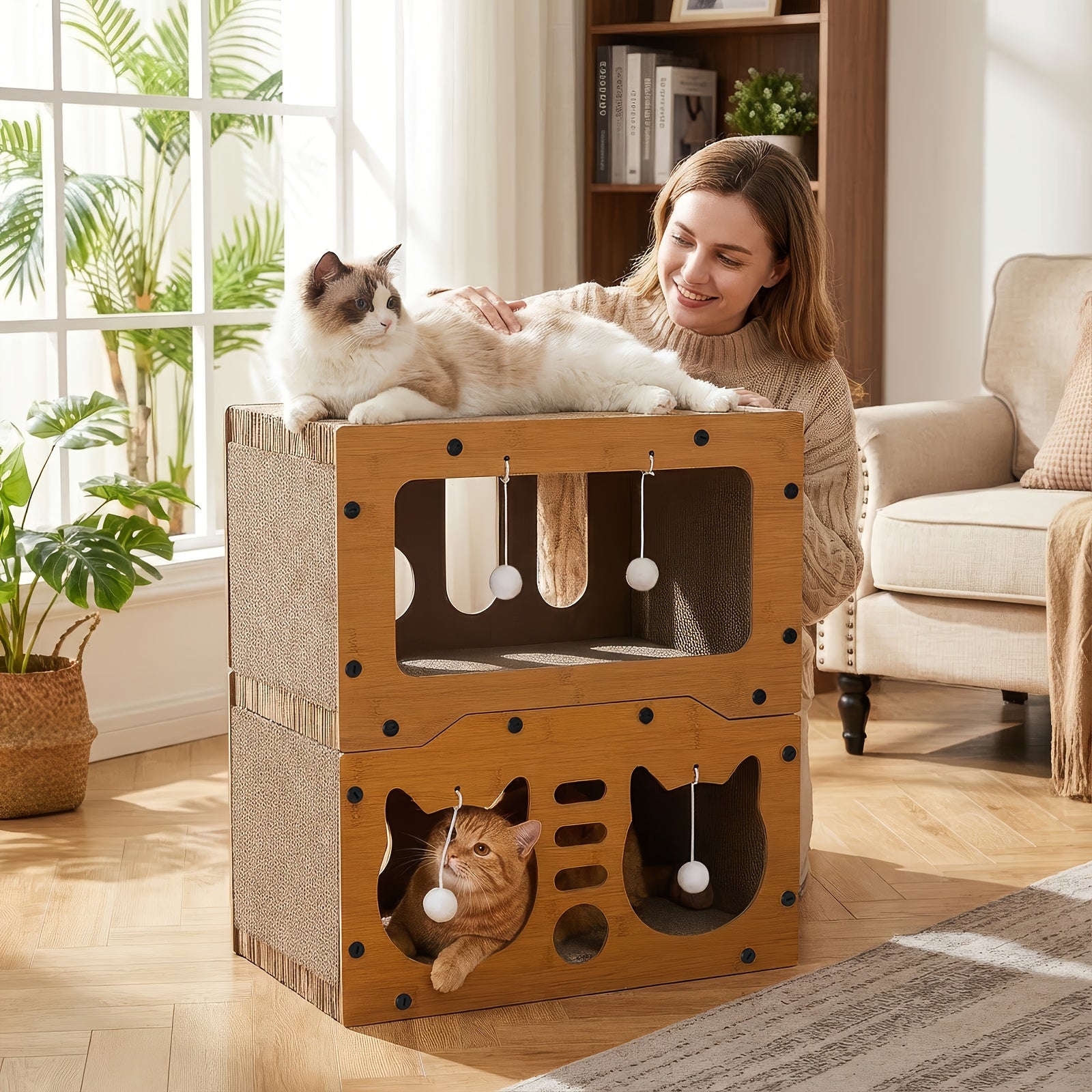 Rascador para gatos | Cama rascadora grande para gatos con juguetes colgantes y cómoda - Cartón duradero, diseño de varios niveles para todos los