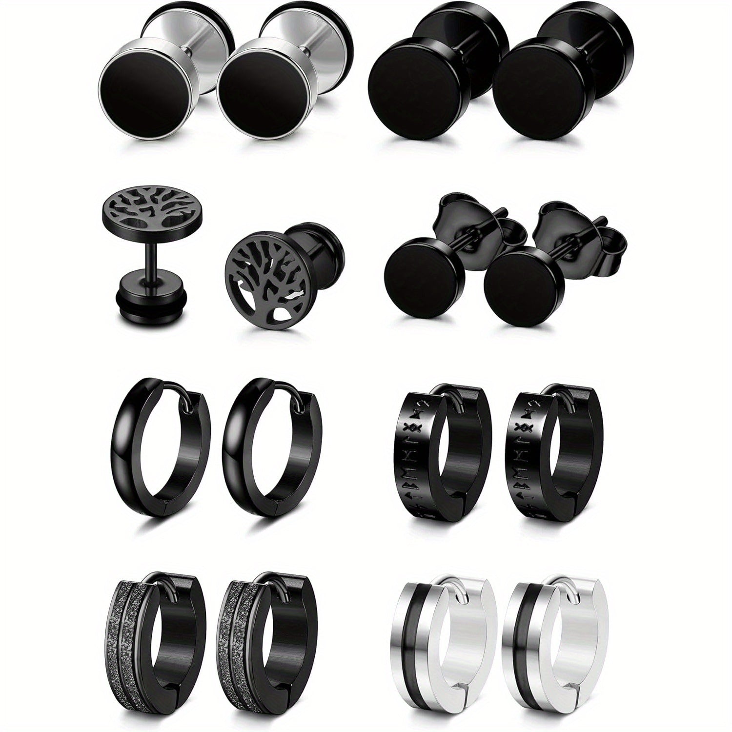 8 Pares de Aretes Negros para Hombre, Aretes de Acero Inoxidable 316L Hipoalergénicos para Pendientes de Piercing, Aretes de Aro Negros para Hombre