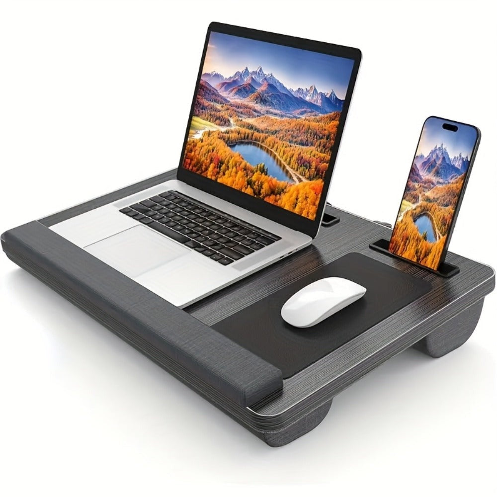 Escritorio de oficina multiusos con reposabrazos, alfombrilla para ratón, ranuras para tablet y teléfono, asa portátil, escritorio acolchado para laptop, estructura de madera duradera, adecuado para usar en la cama, almacenamiento en el hogar y la oficina