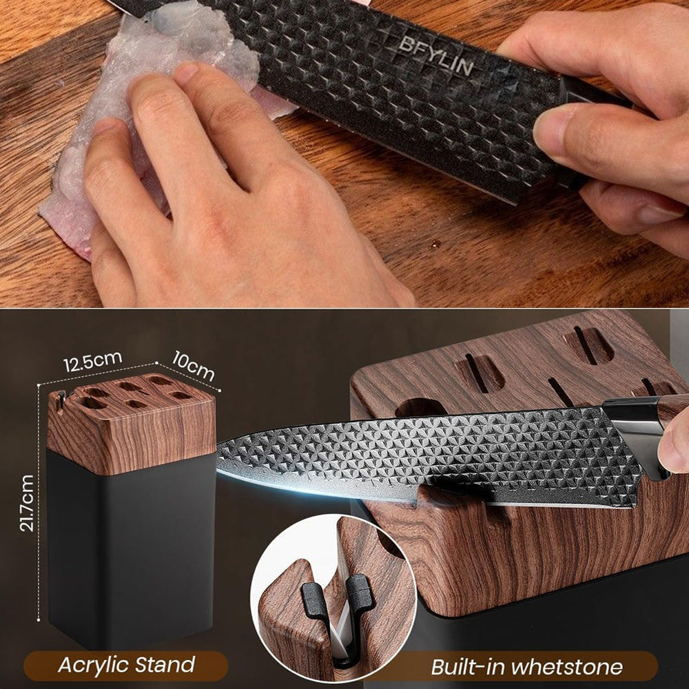 Juego de 7 cuchillos, cuchillos de cocina, hojas afiladas de acero inoxidable para corte preciso con mango ergonómico antideslizante, cuchillo de chef, cuchillo para pelar, cuchillo para rebanar, cuchillo para pan, cuchillo multiusos, tijeras, bloque de c