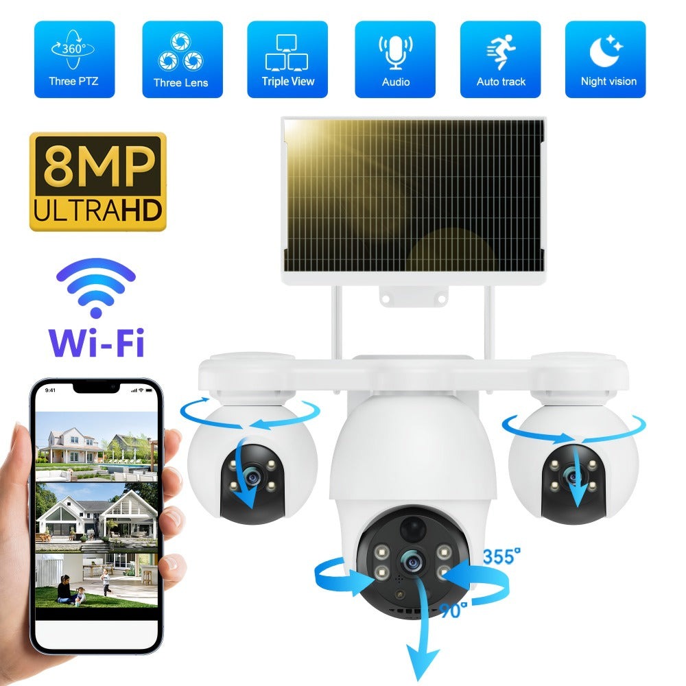Cámara de seguridad exterior de 8MP con sistema PTZ de triple lente, /inclinación de 355°, detección humana PIR, audio bidireccional, visión nocturna a todo color, cámara WiFi adecuada para vigilancia empresarial, aplicación y notificaciones de alarma