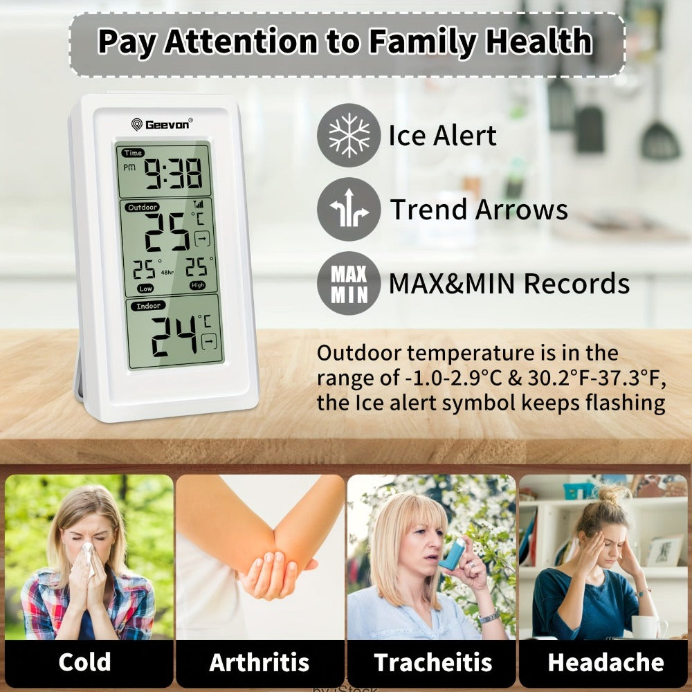 1 pieza GEEVON Medidor de temperatura sin varillas digital para interior y exterior con hora, máxima, mínima, monitor de temperatura con medición de 200 pies/60 m, medidor de temperatura ambiente sin batería, servidor sin función de transmisión