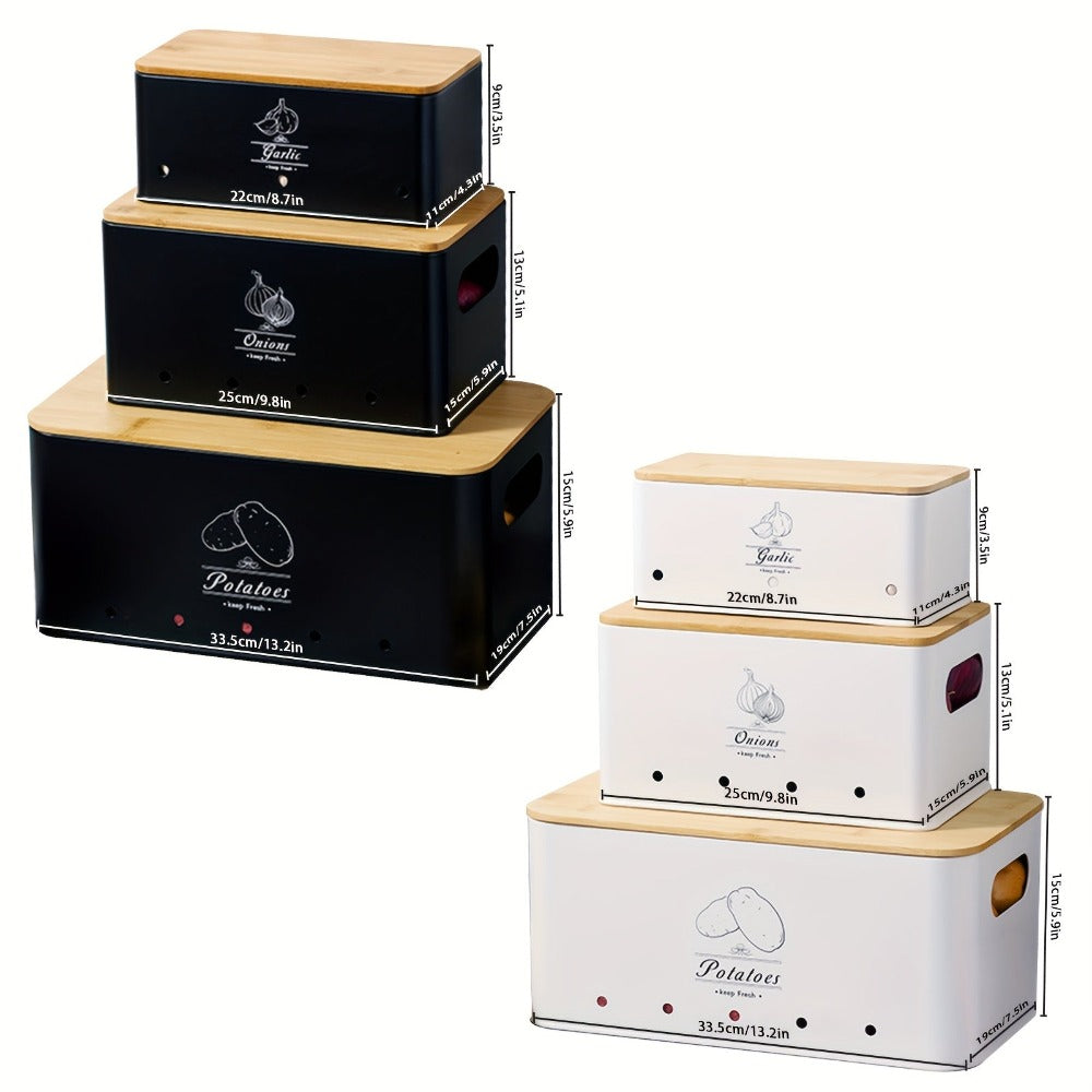 Juego de 3 Contenedores para Almacenar Patatas, Cebollas y Ajo | Conservador de Frescura de Alimentos a Prueba de Humedad y Brotes | Organizador de Cocina Ventilado de Grado Alimenticio | Cajas para Almacenar Verduras | Esencial para el Despensa del Hogar
