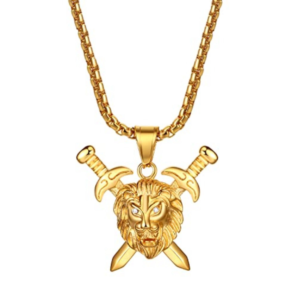 Collar de Acero Inoxidable para Hombres con Colgante Cabeza de León - Cadena Grande y Resistente de 55 cm, Joyería Gótica Biker con Cabezas Realistas e Barba, Uso Diario/Fiesta/Casual Todo el Año – Regalo Ideal para Hombre (Cumpleaños/Navidad)
