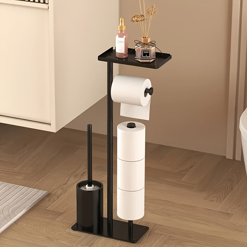 Un soporte independiente para papel higiénico con almacenamiento, un organizador de baño autoadhesivo de hierro forjado, diseñado para ahorrar espacio, con una estética minimalista moderna y un extremo metálico liso, perfecto para decorar salas de estar o