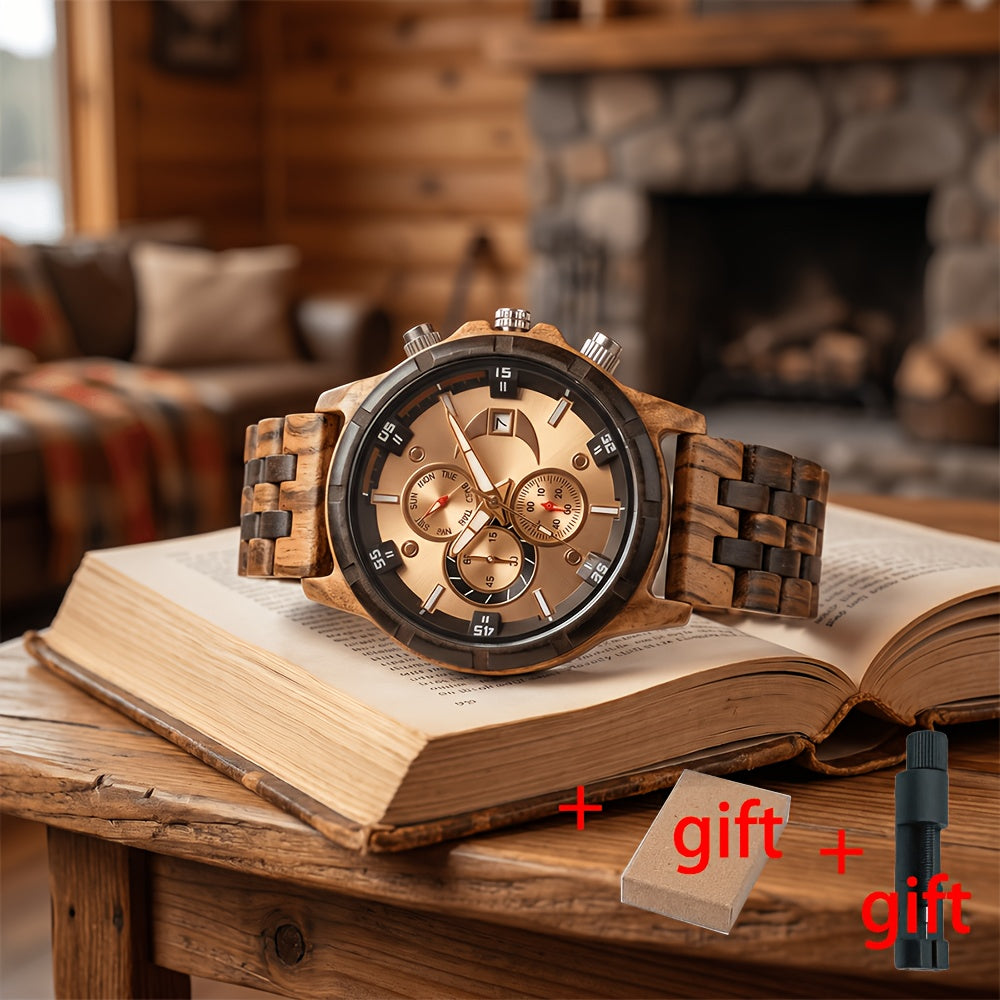 Relojes de Pulsera de Madera para Hombres, Relojes de Cuarzo de Moda con Fecha, Semana y Hora, Caja de Madera para Él