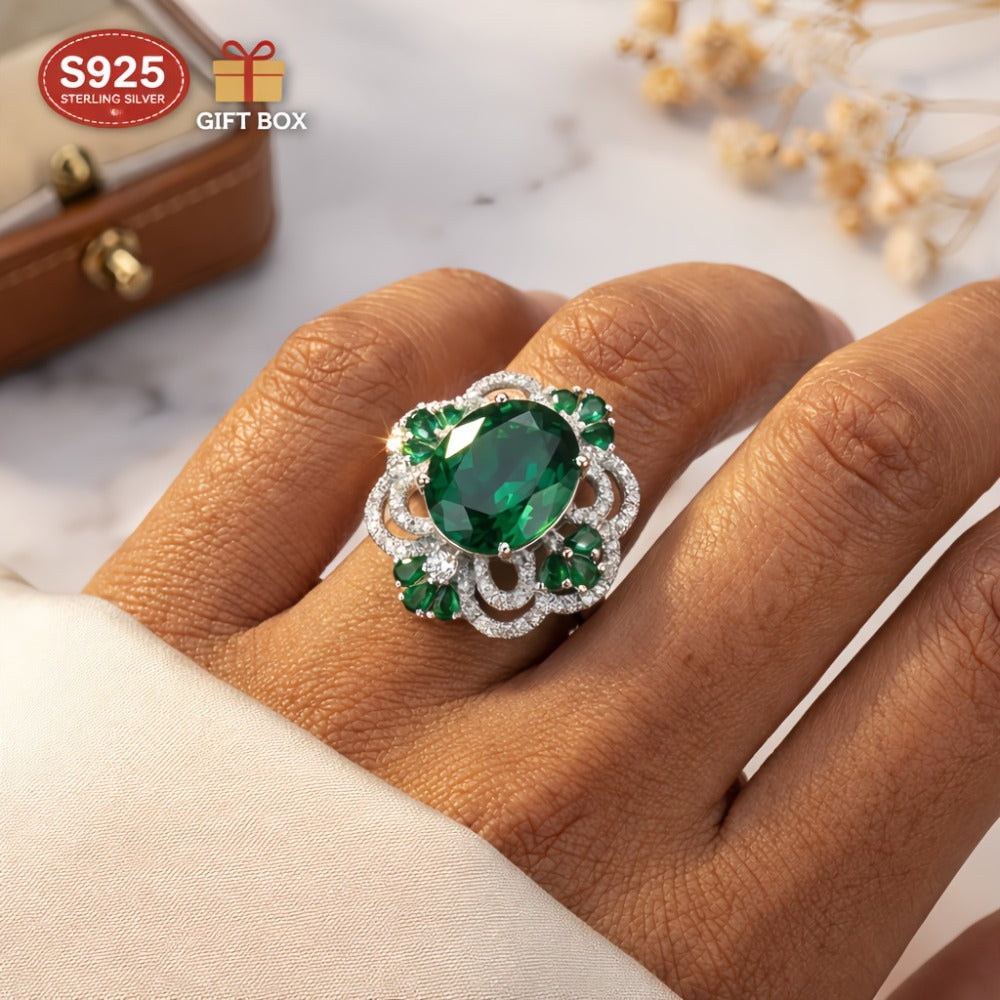 Anillo abierto ajustable para mujer S925, 4 quilates de circonita sintética verde creada en laboratorio, noble y lujoso, adecuado para bodas y banquetes, regalo de San Valentín, con caja de regalo premium