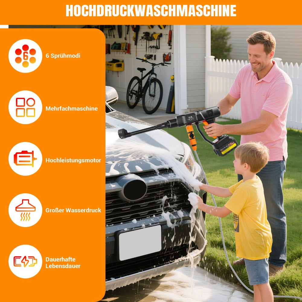 Lavadora a Presión Inalámbrica 21V 450Bar/652 PSI Portátil con 1X o 2X Batería, Boquilla Ajustable 6 en 1, Manguera de 16.4 Pies, Limpiadora de Presión para Coche/Suelo/Jardín y Riego de Patio
