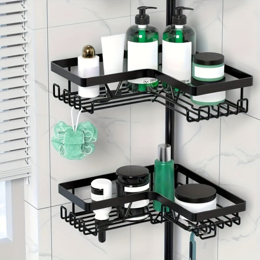 Un estante de esquina robusto y alto para el baño, un estante de esquina ajustable para la ducha que no requiere perforaciones, con un estante de almacenamiento negro de 4 niveles resistente al óxido, ideal para organizar áreas de ducha de esquina - Perfe