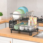 Estante de Platos de Doble Capa, Escurridor de Platos con Plato de Drenaje y Boquilla Giratoria, Estante de Platos con Organizador de Cubiertos y Portavasos - Regalo Perfecto para Mujeres, Esposa, Día de la Madre, Accesorio de Cocina