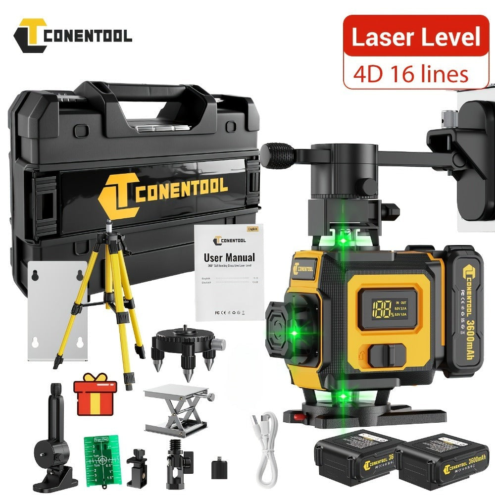 Nivel Láser Verde 4D de 16 líneas con retícula horizontal y vertical de alta precisión, rotación de 360°, nivelación automática y es un nivel láser multifuncional para medición precisa. Equipado con dos baterías de litio de 2400mAh/3600mAh