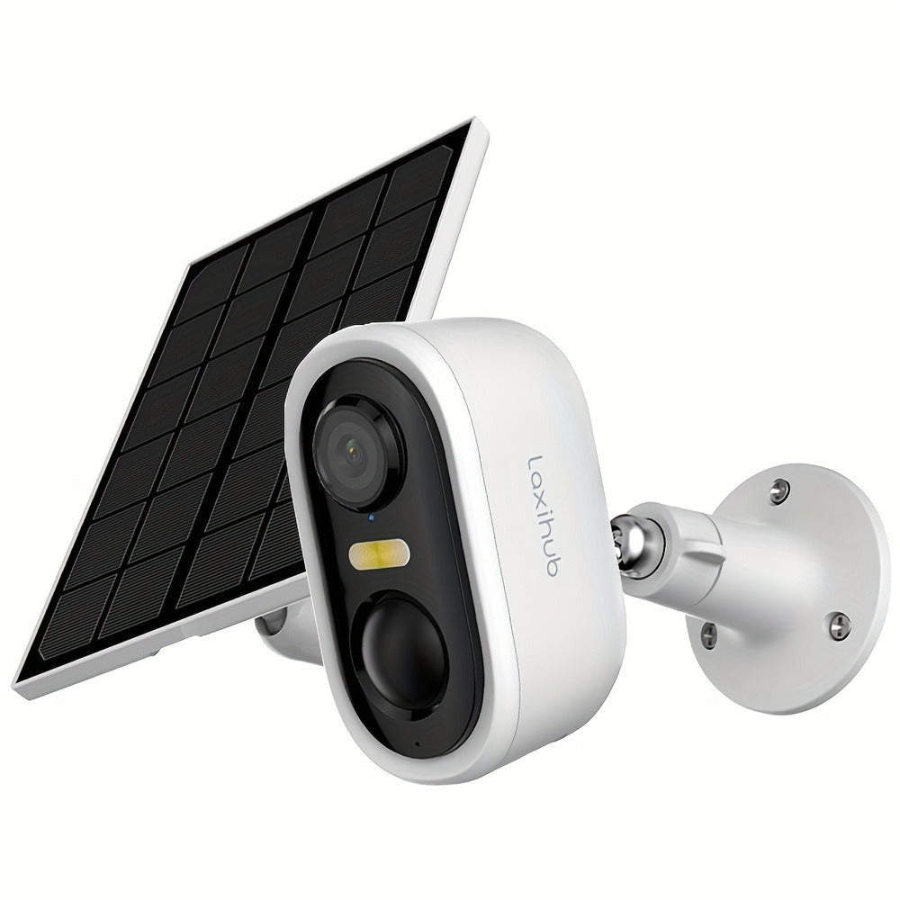 Cámara de seguridad inalámbrica con panel solar para exteriores LaxiHub, visión nocturna FHD de 3MP, foco, batería sin cables de 5200mAh, detección humana PIR, audio bidireccional, almacenamiento en tarjeta SD/nube, cámara de visión nocturna a color, cáma