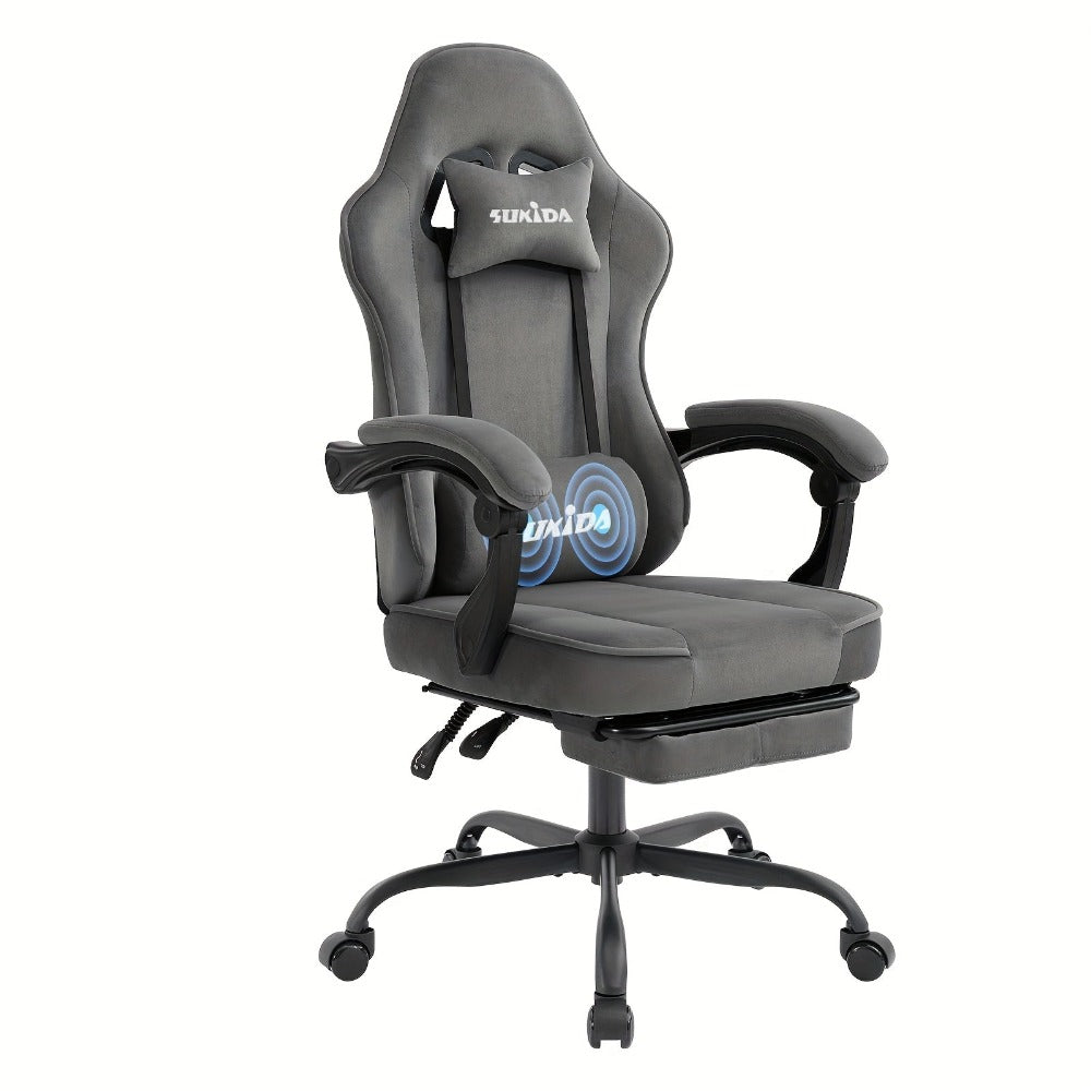 Silla de gaming SUKIDA de tela, silla de gaming ergonómica con reposapiés, silla de carreras para ordenador ajustable con soporte lumbar, silla ergonómica para PC negra
