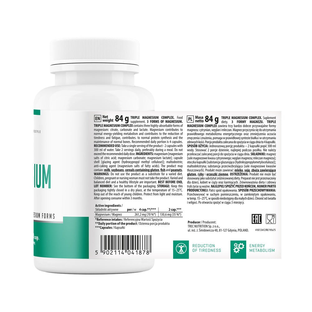 Magnesio Triple Complex 120 Cápsulas de 700mg Apoyo al Sistema Nervioso Reducción de Cansancio Mejora de la Función Muscular TREC NUTRITION