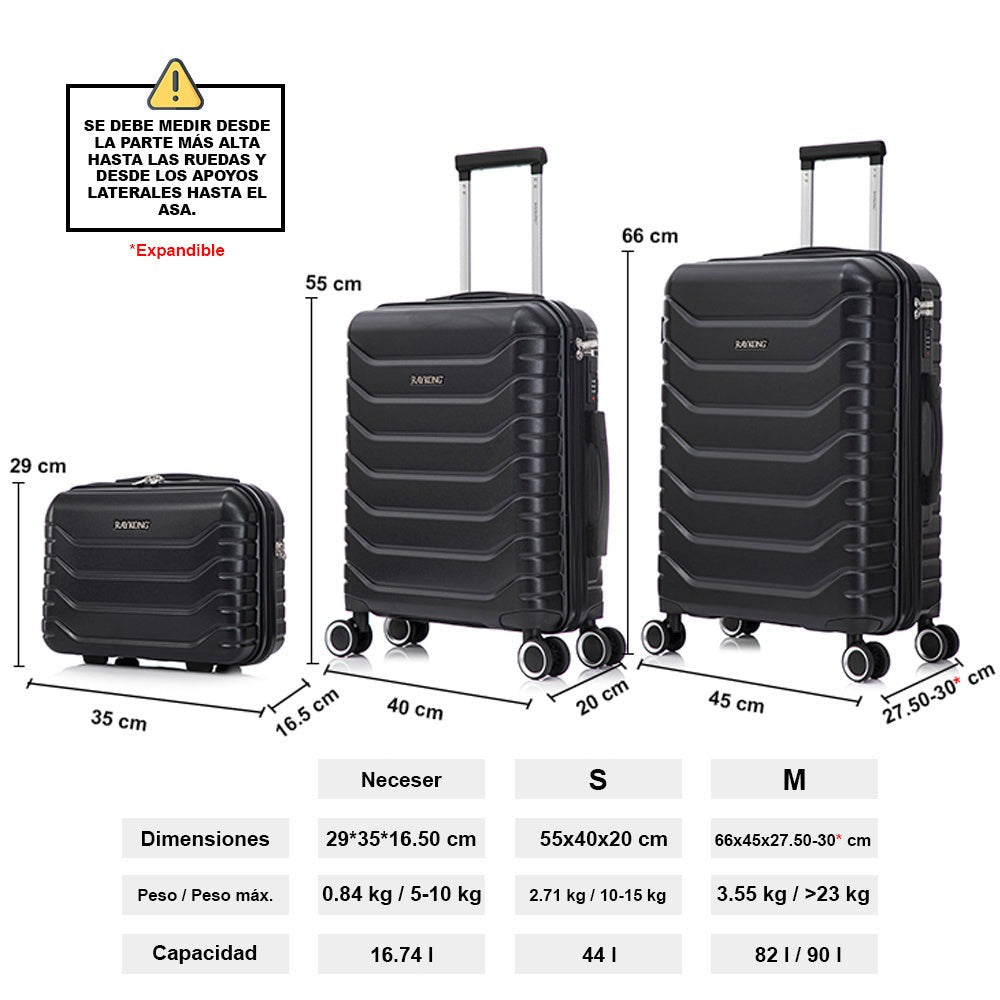 Juego de 3 Maletas 55x40x20cm ABS+Policarbonato | Maleta Mediana Expandible 66x45x27.50 - 30cm Extendido - 23kg | Neceser 29cm | Semirrígida trolley 4 ruedas giratorios a 360º cierre numérico - Negro/AzulMarino/RosaDorado/Turquesa/Menta/Verde/Amarillo/Ros