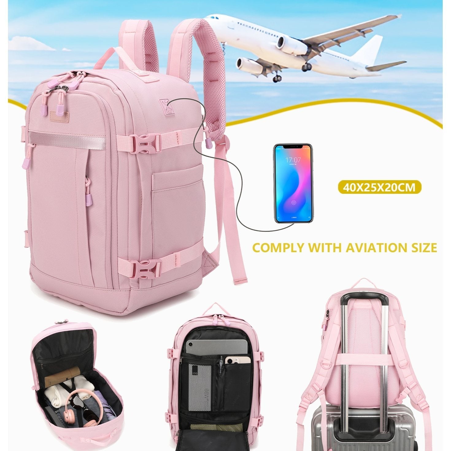 Mochila de cabina 40 x 20 x 25 cm (20 L) | Mochila ideal para viajes en avión | Mochila de cabina para hombre y mujer para el trabajo, viajes, senderismo y escuela