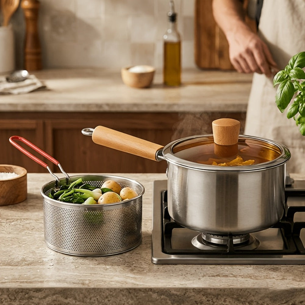 Juego de ollas de cocina multiusos con cesta para freír y tapa de cristal: cacerola antiadherente, freidora, olla para fideos, cacerola para leche, olla freidora de acero inoxidable, olla para cocinar pasta, apta para estufas de inducción y de gas, ideal