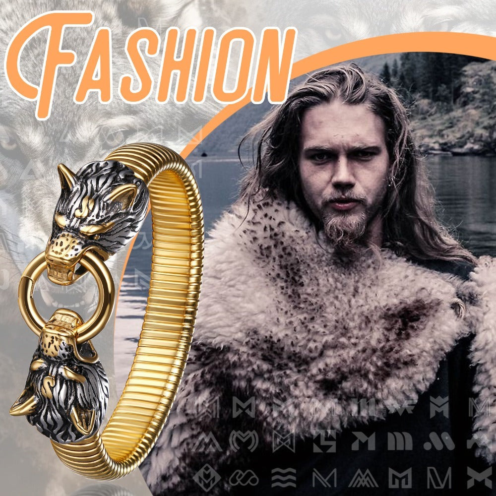 Pulsera Elástica Vikinga Loba: Amuleto Nórdico para Hombre con Cabezal de Loba Gótico Vintage Hip-Hop en Diseño de Brazalete de Acero Inoxidable