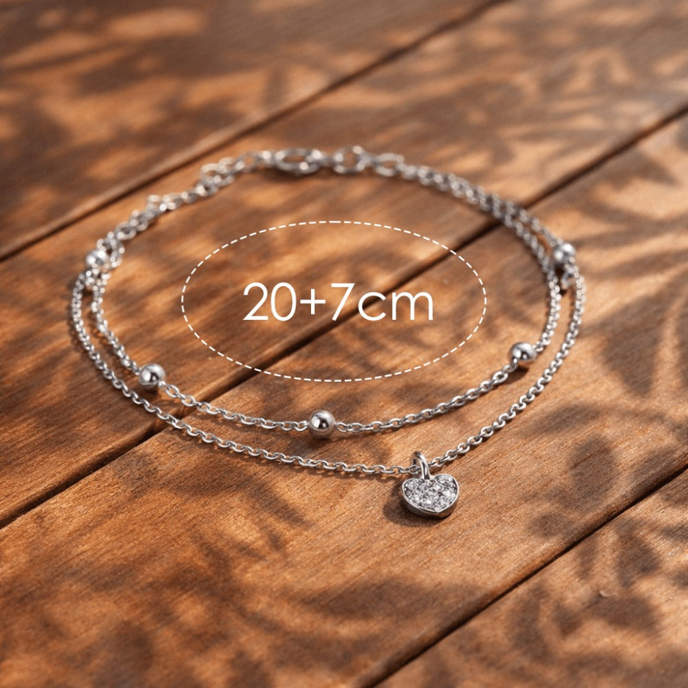 Tobillera para mujer bañada en plata 925, de 2 capas con colgante de corazón y pedrería, joya elegante de playa de verano, cadena de tobillo ajustable estilo bohemio, 20+7 cm, regalo para mujer