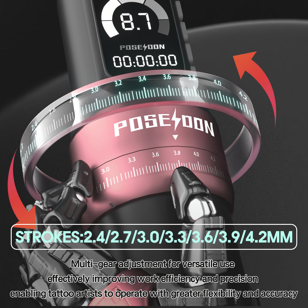 Kit de pluma máquina de tatuaje rotativa inalámbrica POSEIDON, motor sin núcleo de trazo ajustable de 2.4-4.2 mm, dos baterías con pantalla digital de 2300 mAh, viene con 10 agujas de tatuaje y otras adiciones