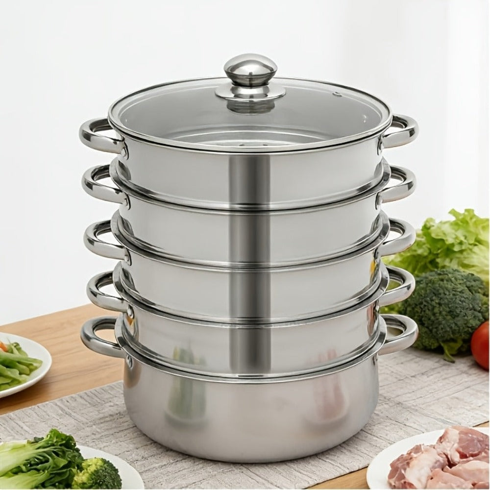 CNCEST Vaporera de acero inoxidable de 5 niveles, vaporera de acero inoxidable de 5 niveles de 28 cm, para cocer al vapor y cocinar pescado, camarones, cangrejo, arroz, verduras, bollos, sopa, apta para vitrocerámicas y estufas de gas