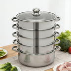 CNCEST Vaporera de acero inoxidable de 5 niveles, vaporera de acero inoxidable de 5 niveles de 28 cm, para cocer al vapor y cocinar pescado, camarones, cangrejo, arroz, verduras, bollos, sopa, apta para vitrocerámicas y estufas de gas
