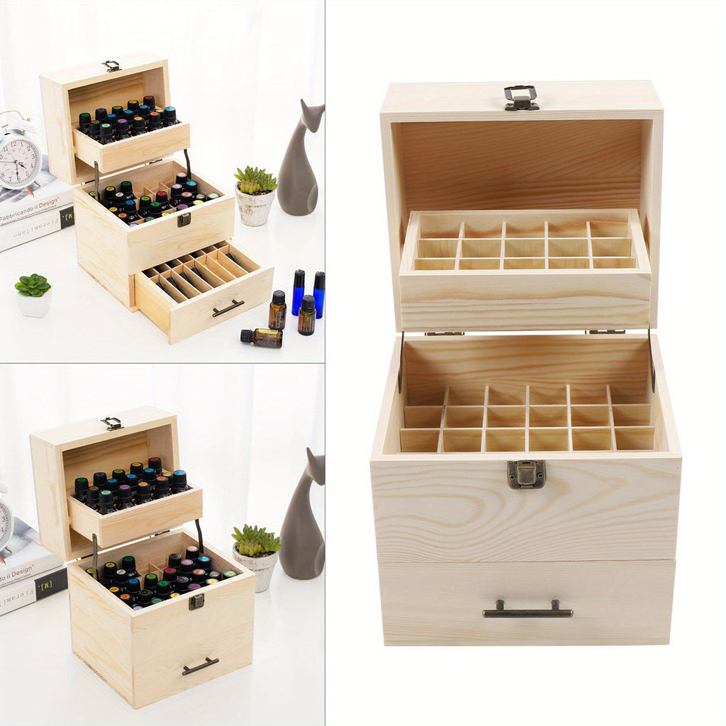 Caixa de Almacenamiento de Aceites Esenciales de Madera de 3 Capas, Caja con 59 Compartimentos para Aceites Esenciales, Contenedor de Madera para Esmalte de Uñas y Aceites Aromáticos, Caja con 59 Agujeros que Sostiene Botellas de 15 ml y 10 ml
