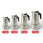Cafetera Italiana Espresso de Acero Inoxidable para Inducción Vitro Gas Eléctrica. Cafetera de distintos tamaños 2/4/6/10 Tazas - Happy Friends
