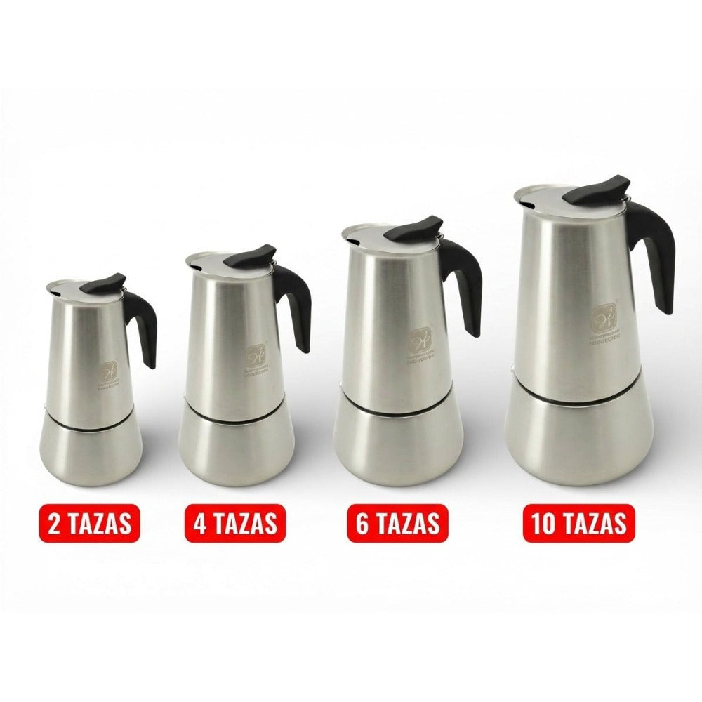 Cafetera Italiana Espresso de Acero Inoxidable para Inducción Vitro Gas Eléctrica. Cafetera de distintos tamaños 2/4/6/10 Tazas - Happy Friends