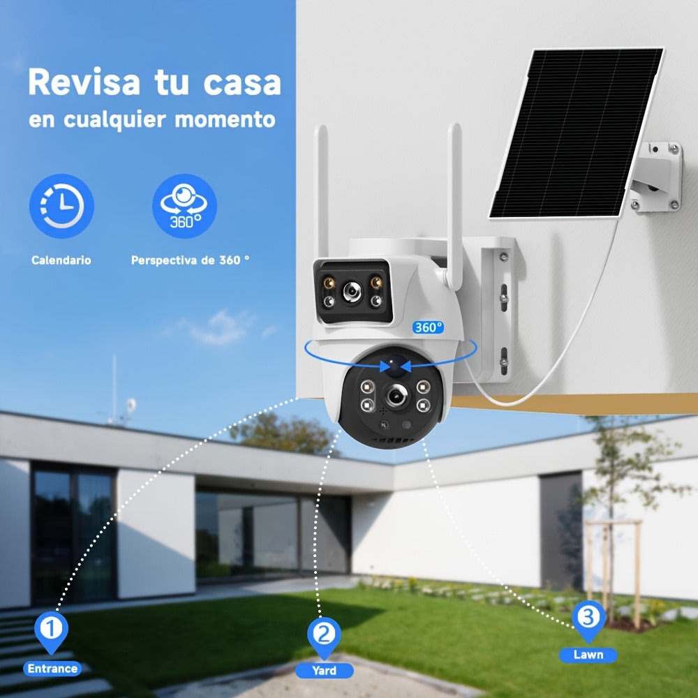 Cámara de seguridad inteligente solar de doble lente 4G para exterior con 8MP, detección de movimiento, audio bidireccional, visión nocturna a todo color, notificaciones de alarma, equipada con tarjeta SIM