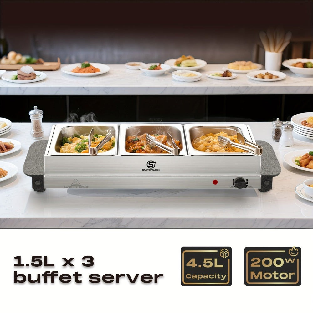 SUPERLEX Servidor Eléctrico de Bufé con Calentador de Comida, que Cuenta con Tres Ollas de 1.5L, un Diseño Espacioso de Acero Inoxidable, una Placa Caliente con Tapas Desmontables, Ajustes de Temperatura Ajustables y un Bandeja de Calentamiento Portátil p