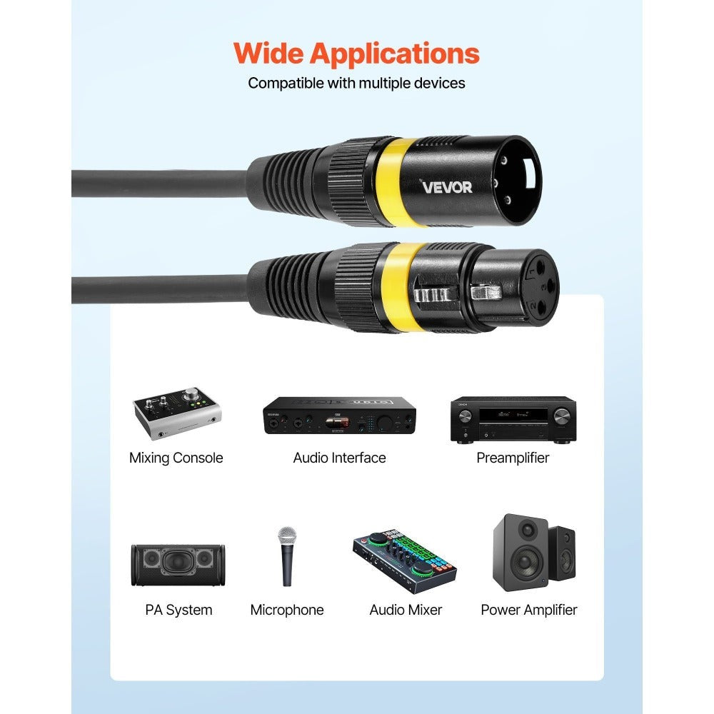 Cable XLR VEVOR 30.48 m, Paquete de 2, Cable DMX Balanceado Blindado Macho a Hembra para Micrófonos, Cable de Altavoz XLR de 3 Pines Chapado en Oro, para Iluminación de Escenario, Micrófonos, Amplificadores, Mezcladores, Sistemas de Altavoces