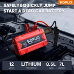 Arrancador portátil de batería de coche KOPUO 6000A - Herramienta profesional de mecánico automotriz (hasta 8.5L gasolina/7L diésel) Banco de baterías de emergencia de 12V con pinzas de seguridad inteligentes, pantalla LCD, diseño de luz LED ultrabrillant
