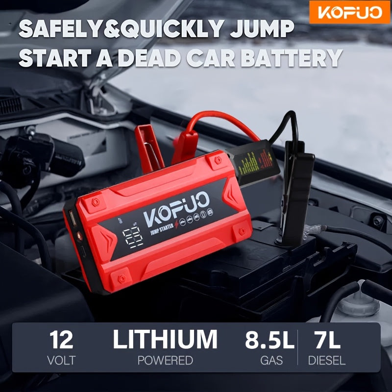 Arrancador portátil de batería de coche KOPUO 6000A - Herramienta profesional de mecánico automotriz (hasta 8.5L gasolina/7L diésel) Banco de baterías de emergencia de 12V con pinzas de seguridad inteligentes, pantalla LCD, diseño de luz LED ultrabrillant