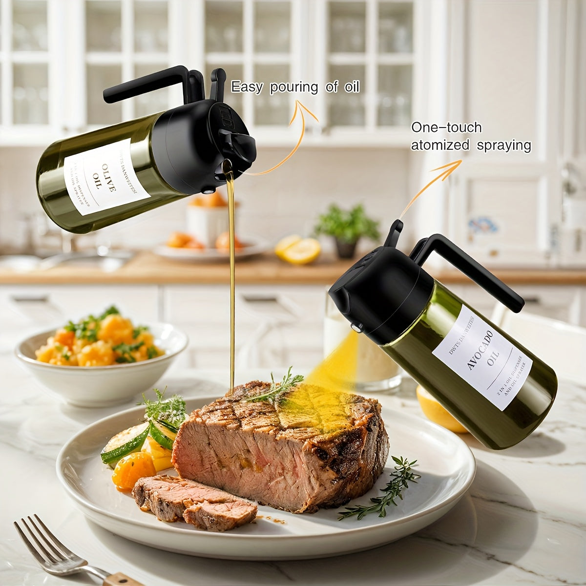 Juego de 2 pulverizadores de aceite de oliva de vidrio, cada uno de 16Oz/470Ml, perfectos para cocinar, utensilios de cocina y complementos para freidoras de aire, incluye botellas dispensadoras para ensaladas y parrillas, en color negro