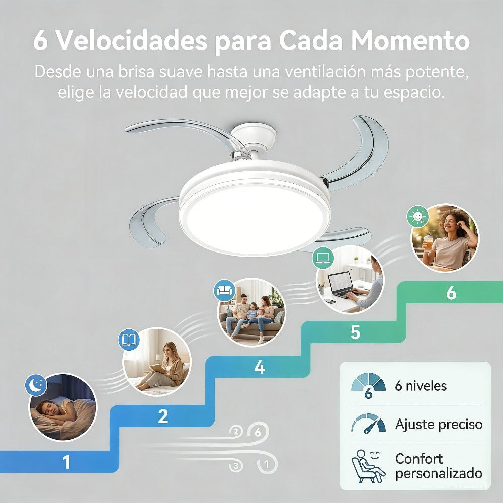Ventilador de techo moderno con luz LED de 50W con regulación continua, aspas retráctiles y mando a distancia – Motor DC de cobre puro silencioso, bajo consumo y larga duración, brillo y temperatura ajustables, 6 velocidades, memoria y temporizador. Ideal