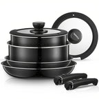 Juego de ollas y sartenes antiadherentes de 8 piezas, juegos de cacerolas con mangos desmontables, juego de utensilios de cocina apilables para todas las placas de cocción