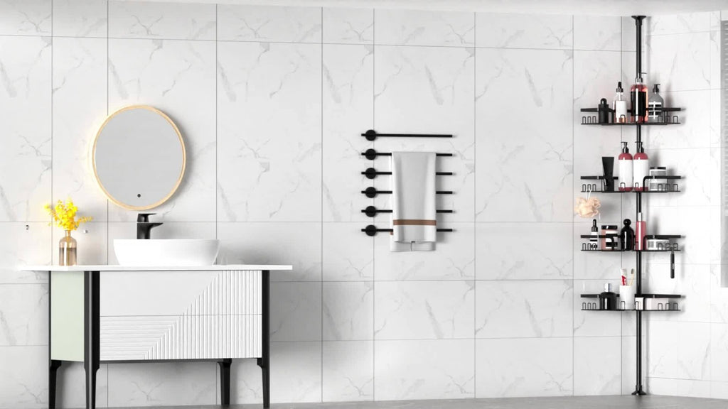 Estante de esquina para baño de 4 niveles a prueba de óxido, caja de almacenamiento para bañera para accesorios de champú, de pie ajustable, estante de almacenamiento para baño a prueba de óxido con barra de tensión, adecuado para artículos esenciales de